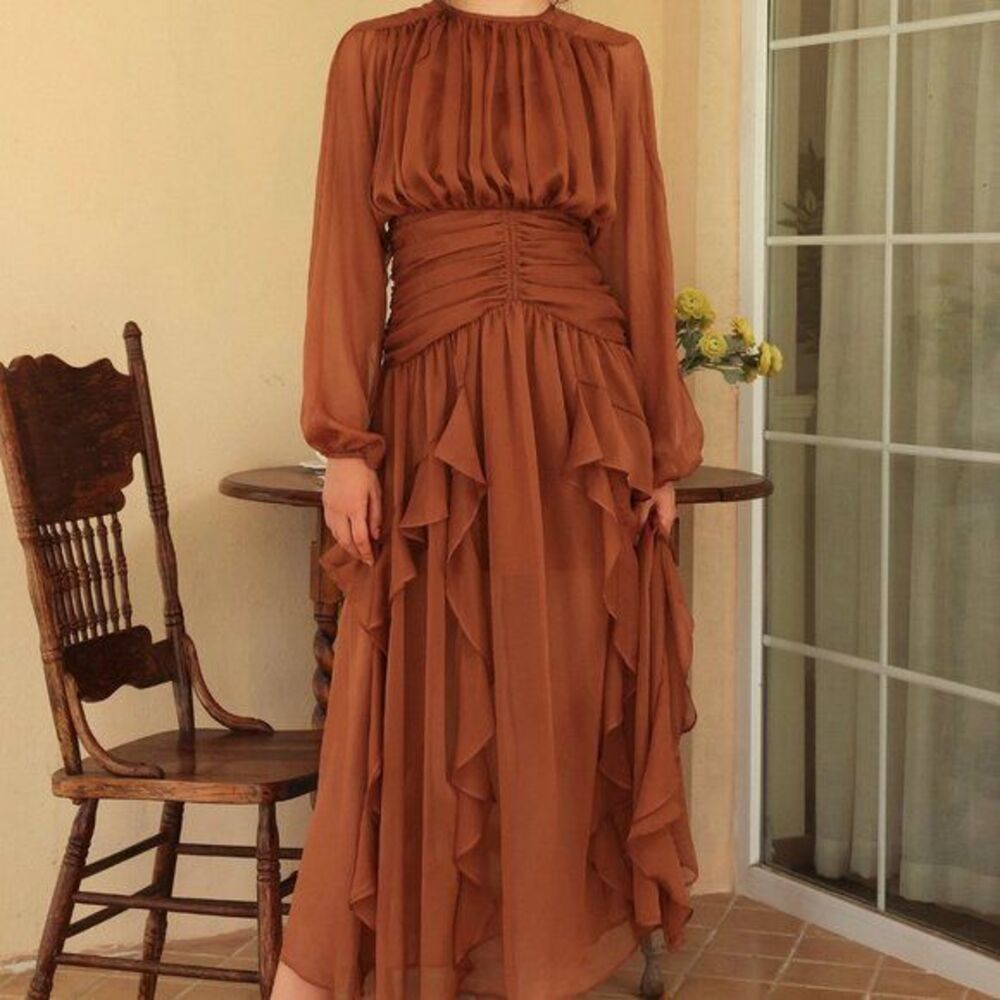 Puff Sleeve Tiered Ruffle Asymmetric Hem Maxi Dress Brown